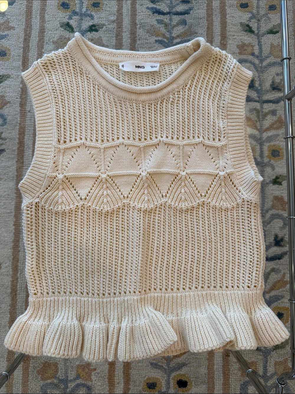 Mango Cream Pointelle Knit Ruffle-Hem Sleeveless Sweater